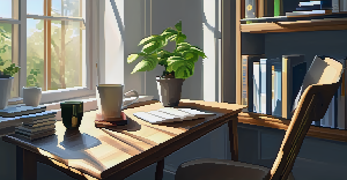 A peaceful workspace with a wooden desk, laptop, books, and a coffee cup, illuminated by sunlight.
