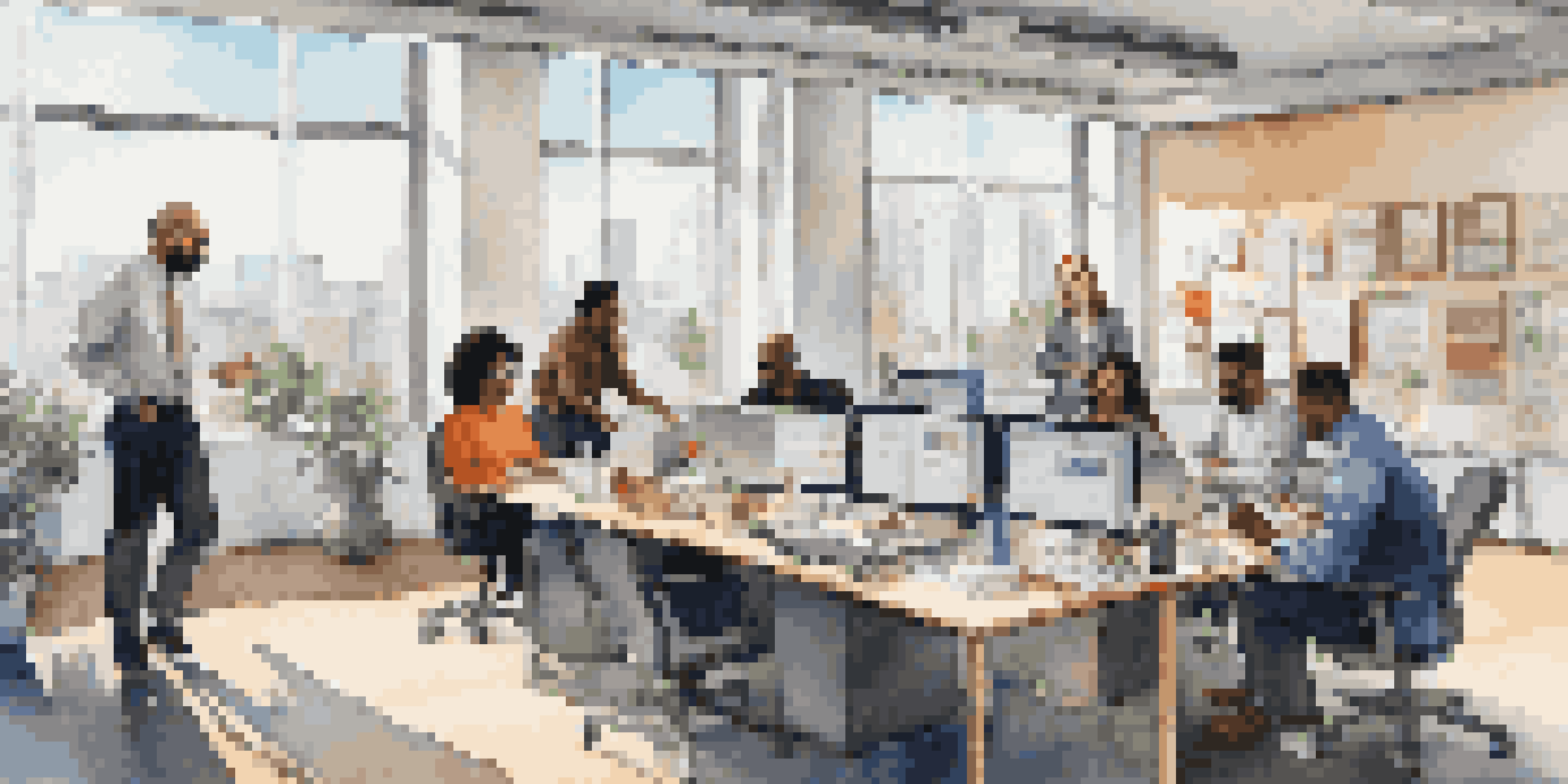 A diverse group of employees collaborating in a bright office space with a city view outside.