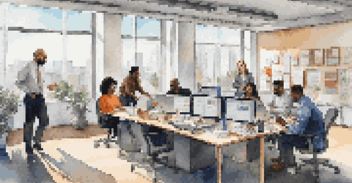 A diverse group of employees collaborating in a bright office space with a city view outside.