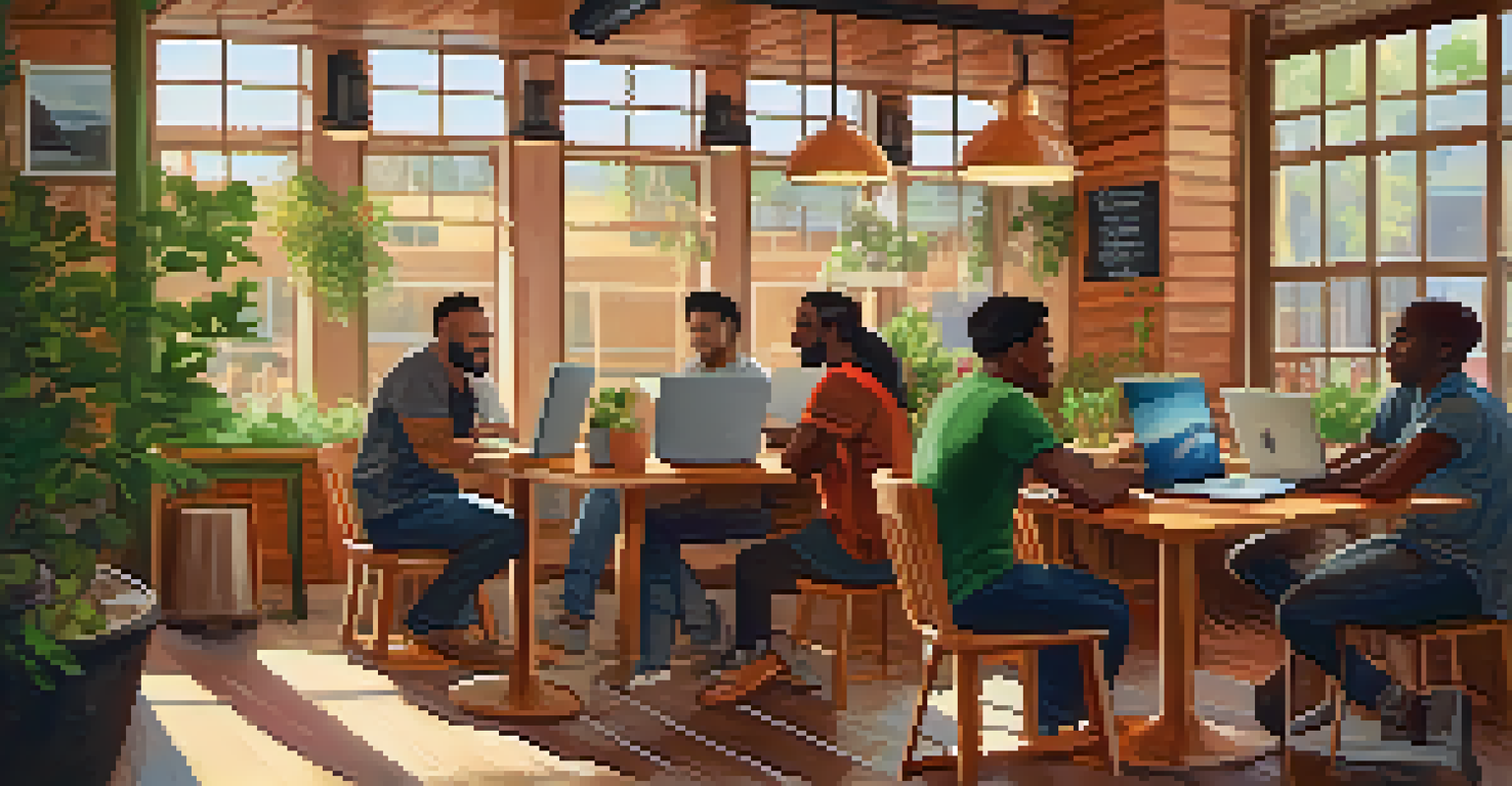 A lively café scene with a diverse group of gig workers using laptops and interacting, surrounded by warm colors and natural light.