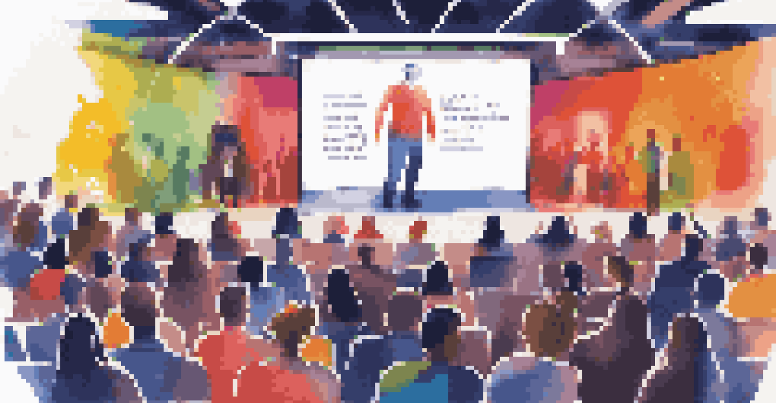 A dynamic social media post highlighting a public speaking event with a speaker and audience interactions.