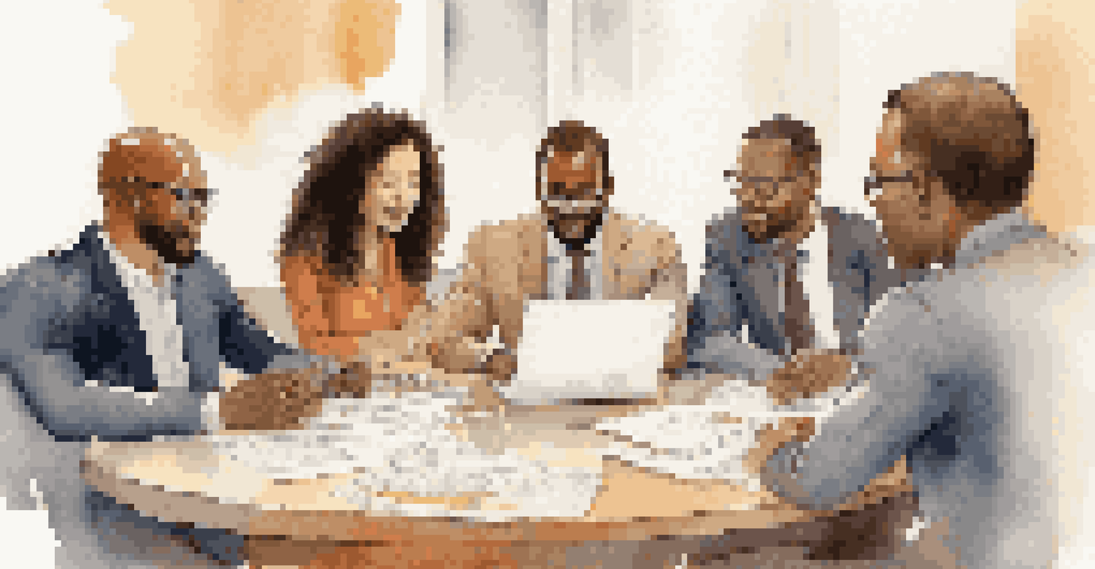 A diverse group of colleagues collaborating at a round table with documents and a laptop, displaying teamwork and respect.