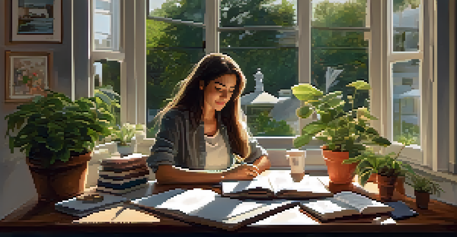 A young woman journaling at her desk in a cozy workspace, with tea, plants, and motivational quotes around her.