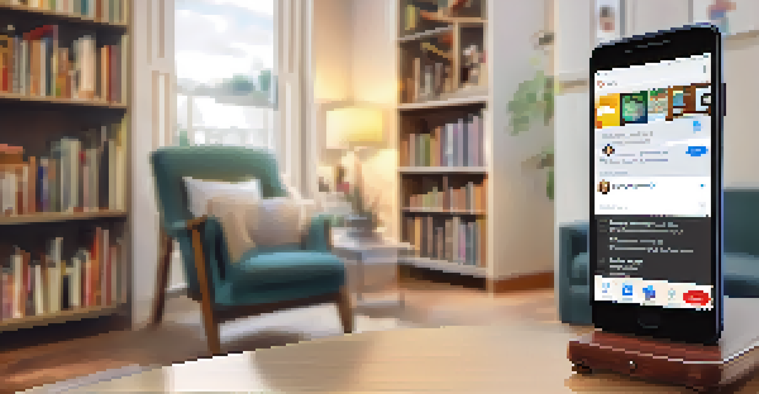 A smartphone displaying a social media notification in a cozy living room setting.