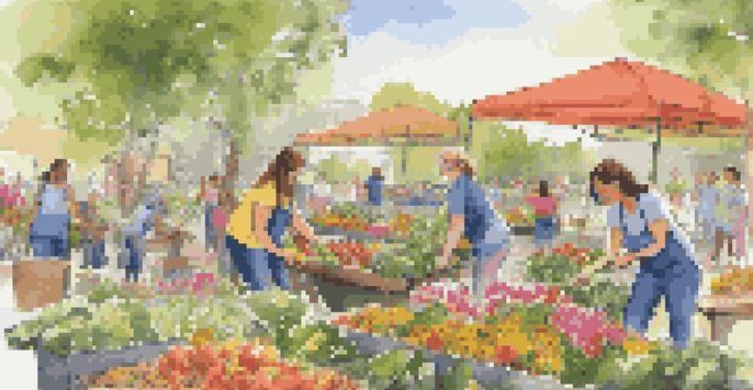 A diverse group of volunteers in a park, with a young woman planting flowers and others setting up a food distribution table.