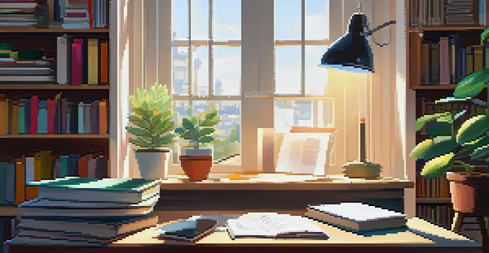 A cozy workspace with a wooden desk, laptop, potted plant, and colorful books, illuminated by sunlight from a window.