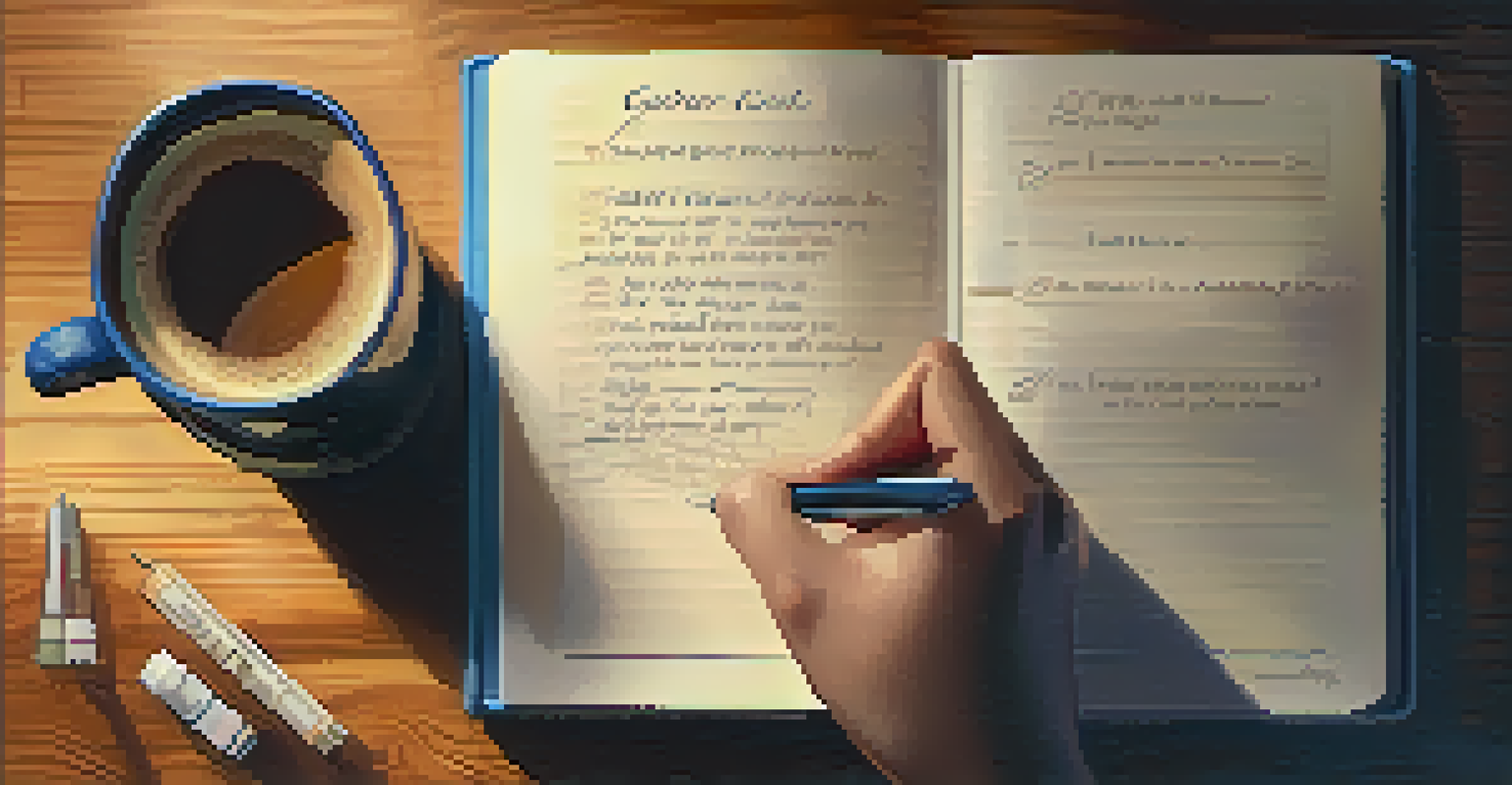A close-up of a hand writing career goals in a notebook, with coffee and a motivational quote in the background.
