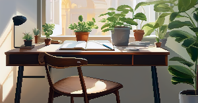 A cozy workspace with a wooden desk, an open notebook, a pen, and potted plants, illuminated by warm sunlight from a window.