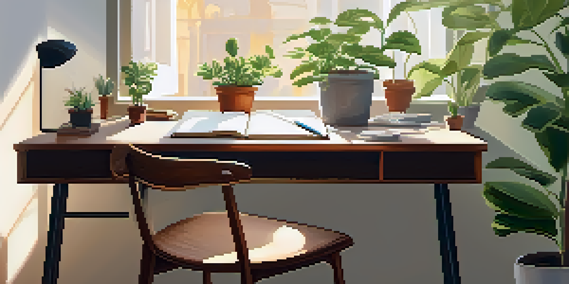 A cozy workspace with a wooden desk, an open notebook, a pen, and potted plants, illuminated by warm sunlight from a window.