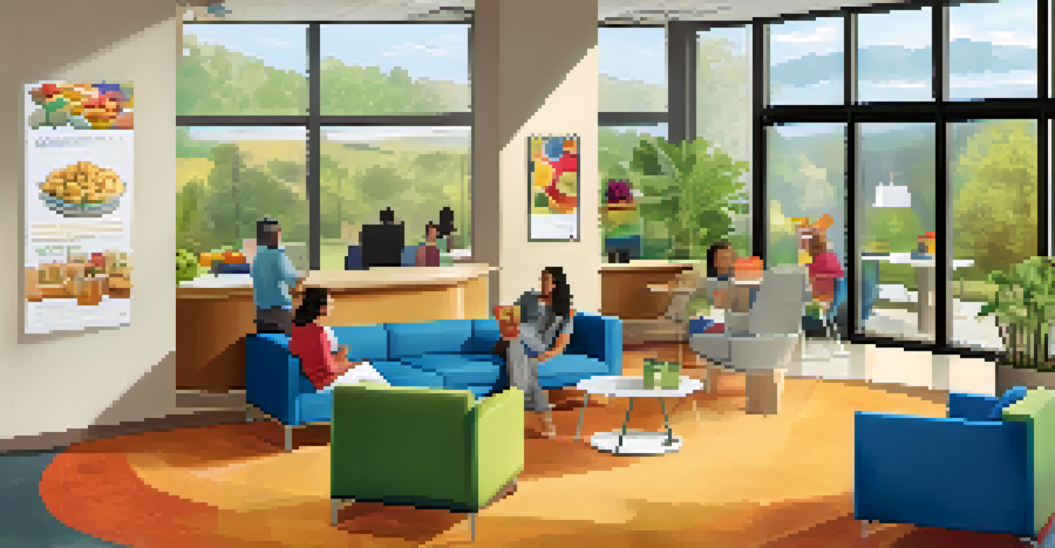 A lively break room in an office where employees are enjoying healthy snacks and chatting, with a poster about wellness benefits on the wall.