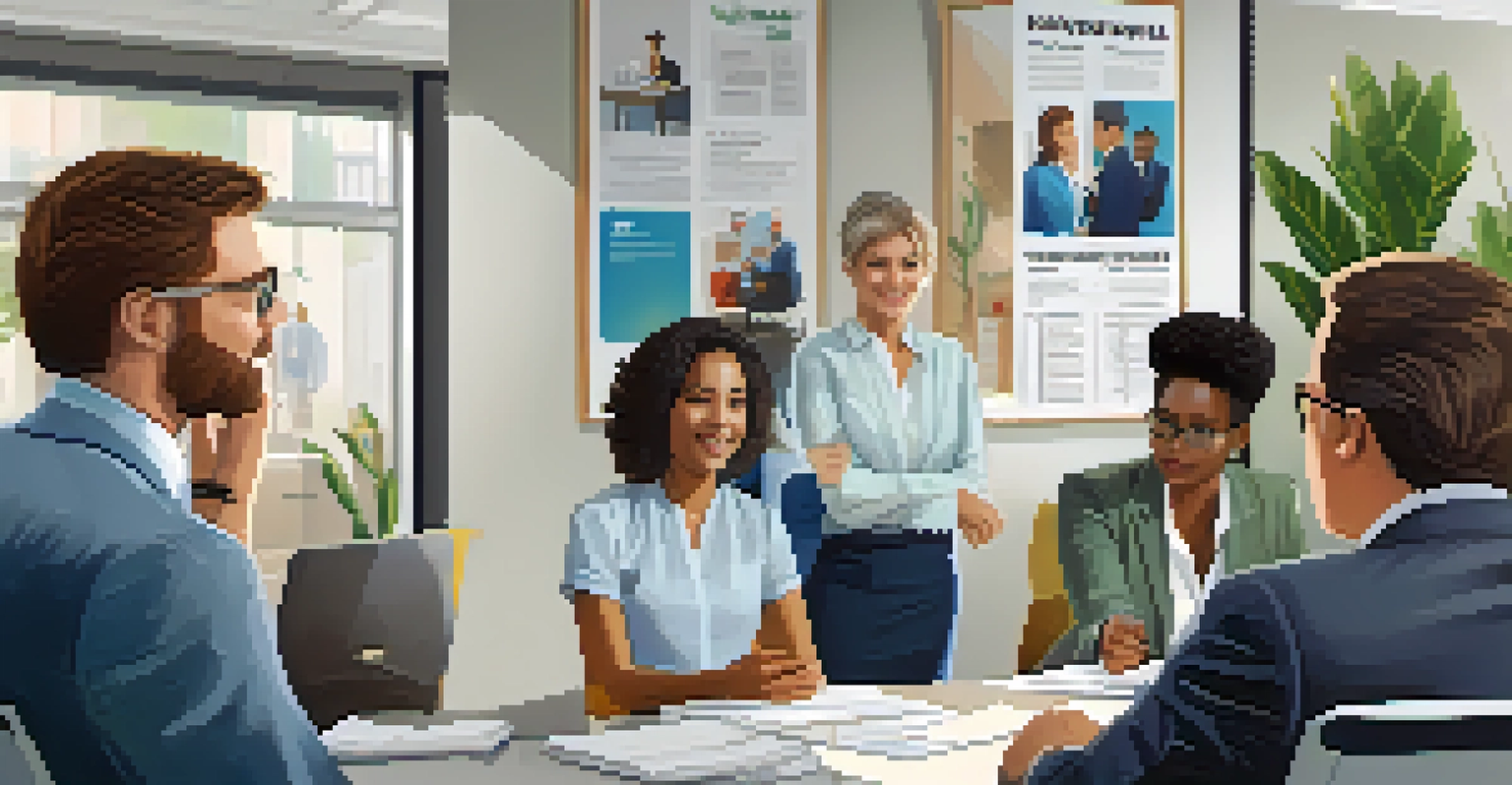 A job interview scene with diverse individuals in a modern office, showcasing a confident candidate presenting their resume.