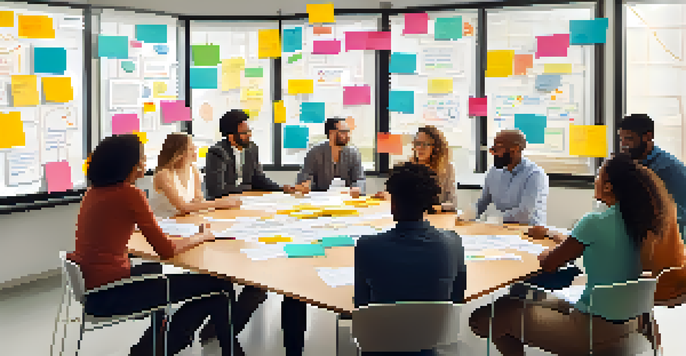 A diverse group of professionals collaborating in a bright room, brainstorming ideas on whiteboards covered in colorful diagrams and sticky notes.