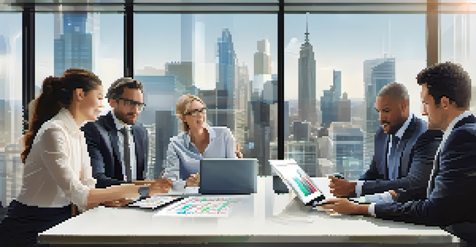 A diverse group of financial professionals collaborating in a modern office, discussing over a digital tablet with city skyline in the background.