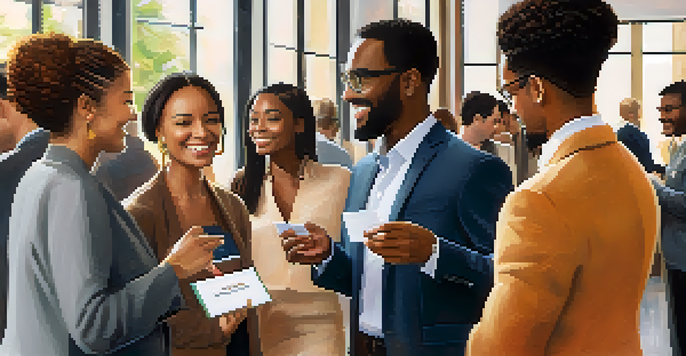 A diverse group of professionals exchanging business cards at a networking event, with various cultural greetings and smiling faces.