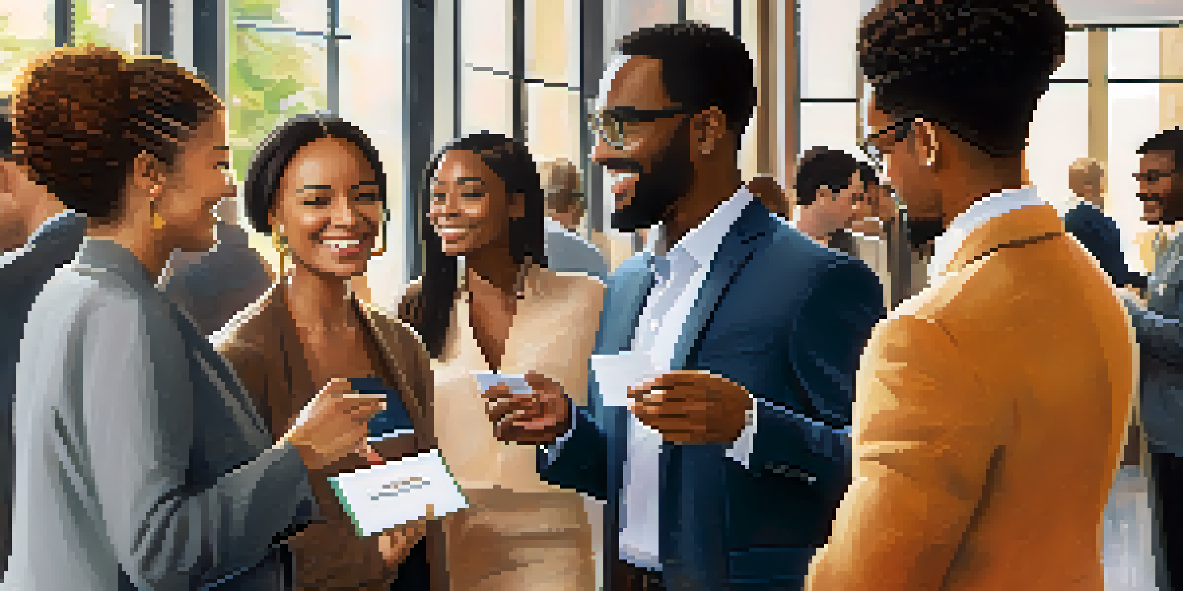 A diverse group of professionals exchanging business cards at a networking event, with various cultural greetings and smiling faces.