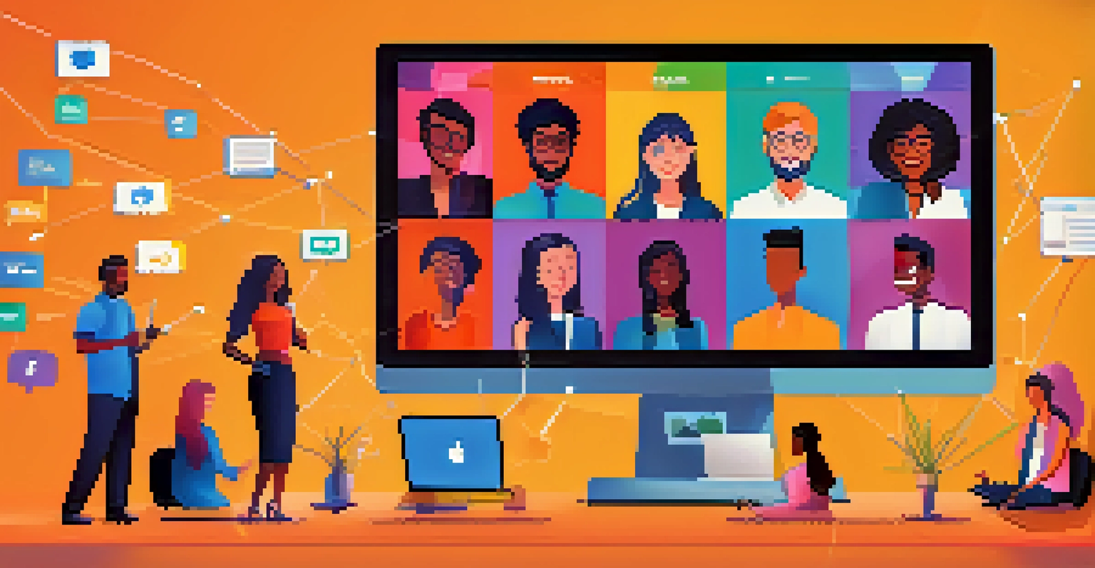 A computer screen displaying a virtual networking meeting with diverse professionals smiling and discussing ideas.