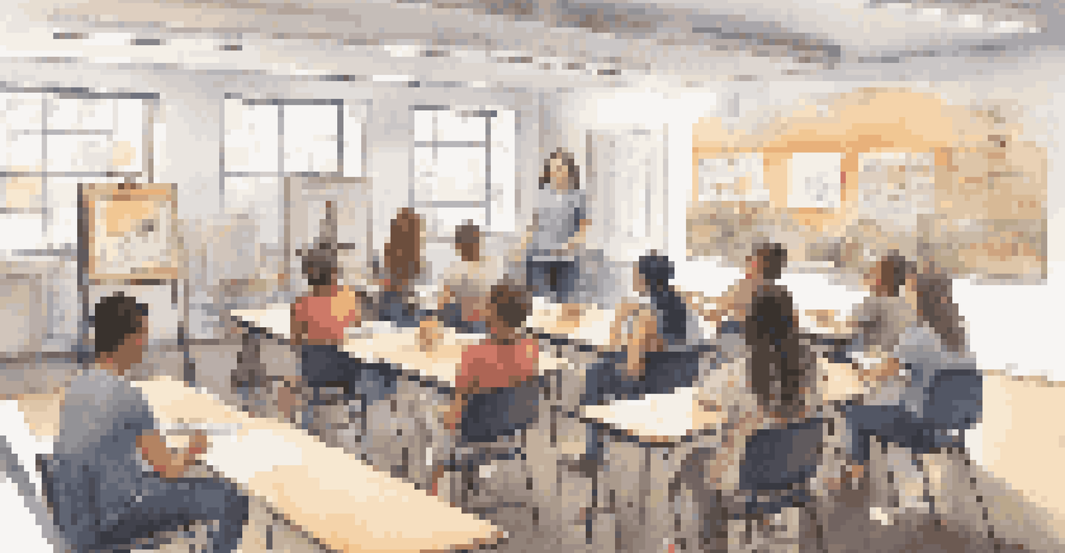 A student practicing communication skills in front of classmates in a bright classroom.
