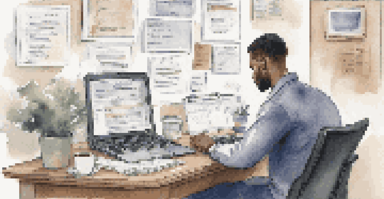 A person analyzing a job description on their laptop at a well-organized desk, with notes and a motivational poster in view.