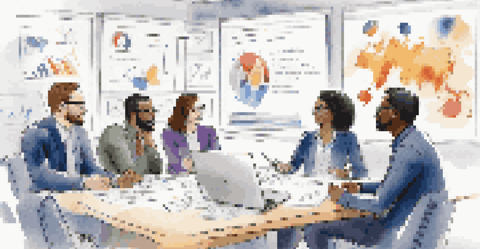 A diverse team of professionals collaborating around a conference table with notes and a whiteboard.
