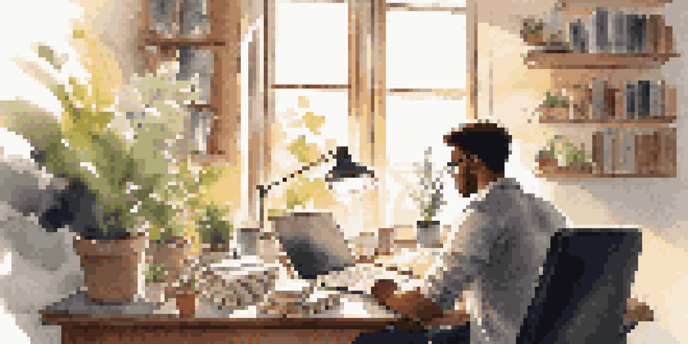A young professional in a bright office space, engaged in writing notes at a desk with a laptop, books, and a coffee cup.