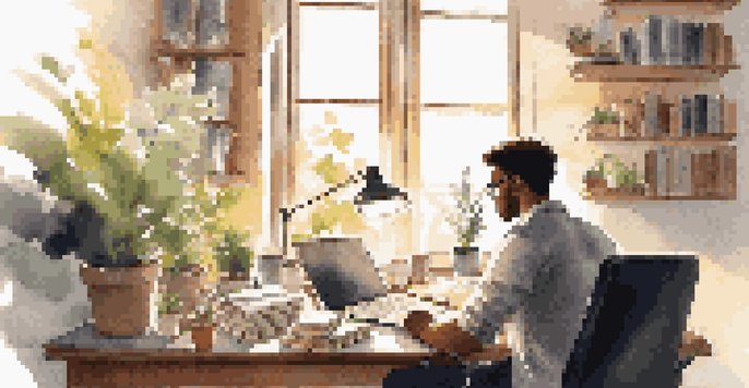 A young professional in a bright office space, engaged in writing notes at a desk with a laptop, books, and a coffee cup.