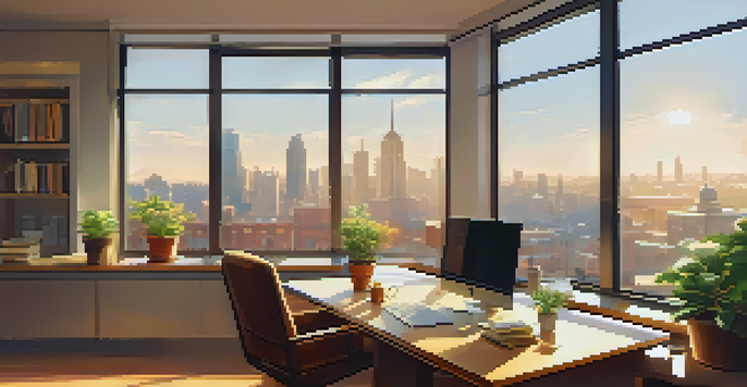 A bright office space with a view of a city, featuring a desk with a laptop and a cup of coffee, representing personal reflection.