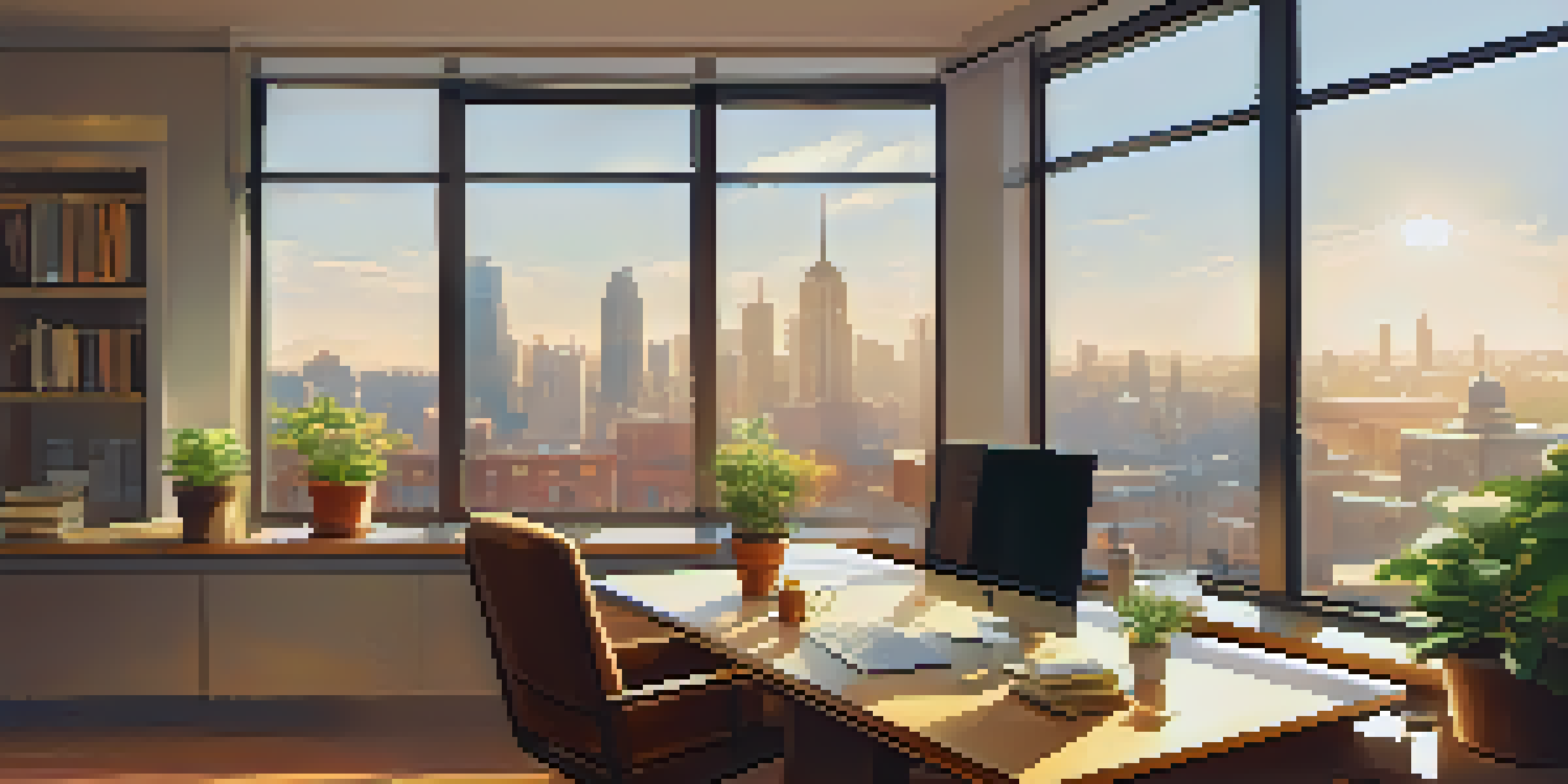 A bright office space with a view of a city, featuring a desk with a laptop and a cup of coffee, representing personal reflection.