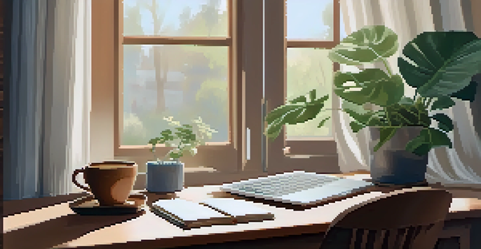 A cozy workspace with a wooden desk, an open laptop, notepad, a potted plant, and a cup of coffee, bathed in soft natural light.