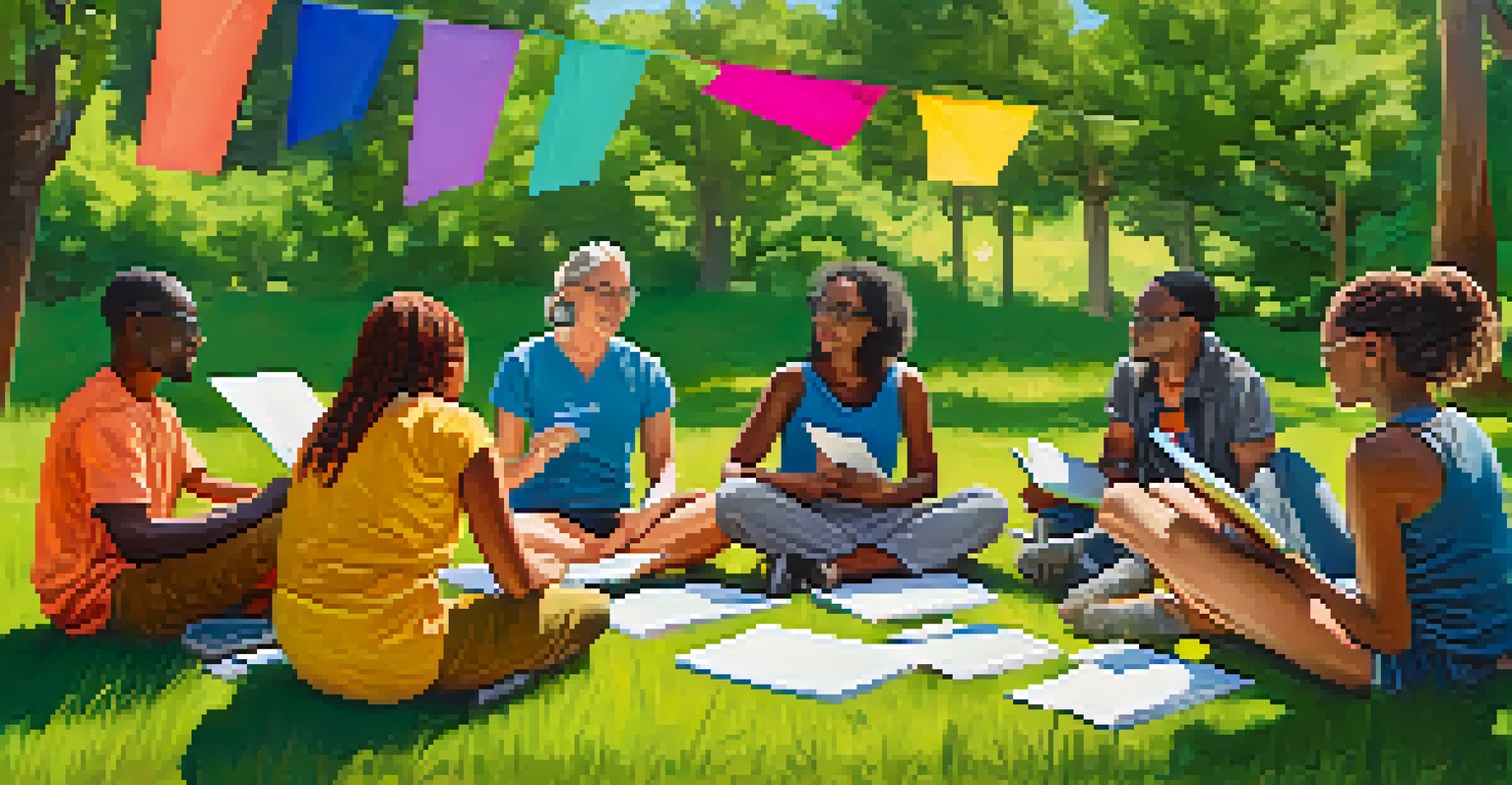 A diverse group of individuals collaborating in a workshop outdoors, surrounded by nature.