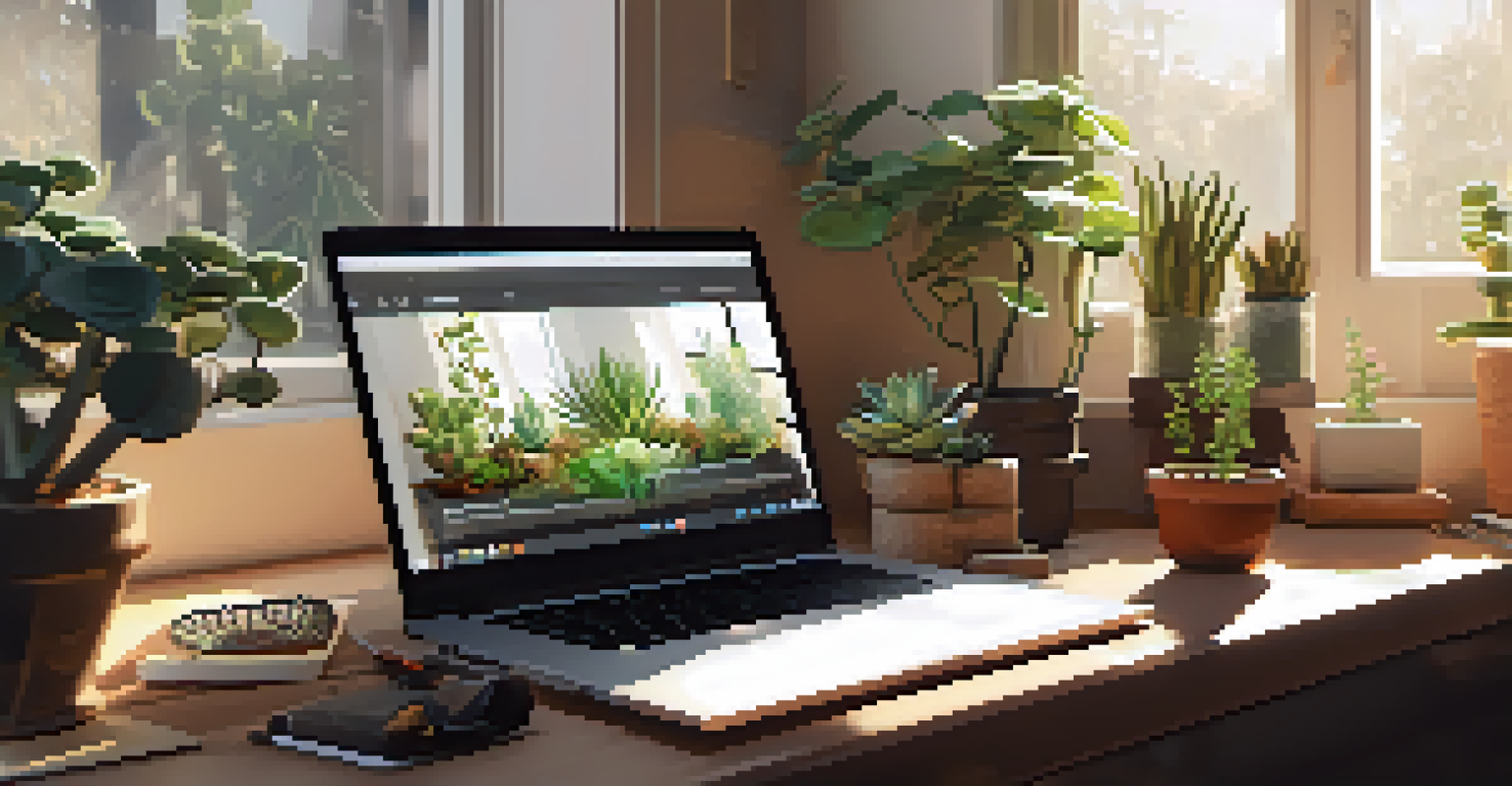 A remote workspace with a laptop and indoor plants, emphasizing sustainable work practices.
