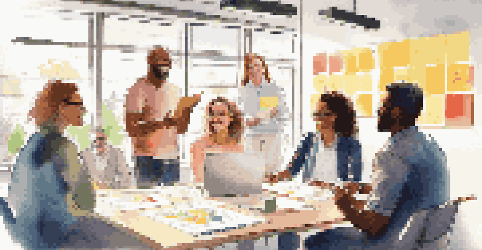 A diverse team of professionals collaborating in a bright office, smiling and sharing ideas on a whiteboard.