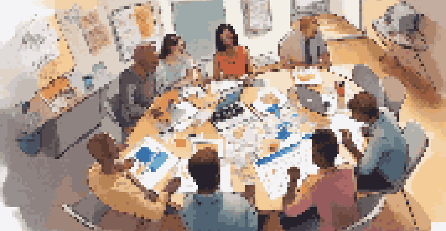 An overhead view of a team collaborating around a table filled with laptops and brainstorming materials, with a whiteboard showing colorful sticky notes in the background.