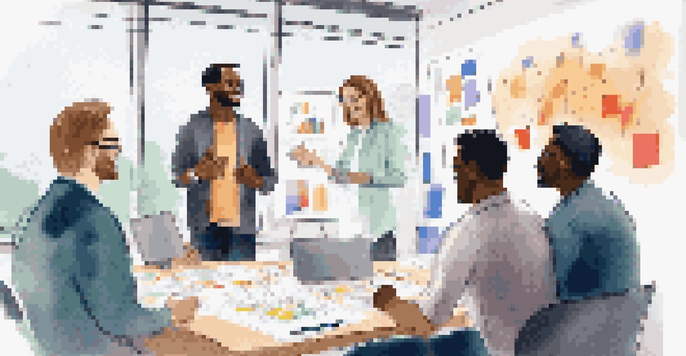 A diverse group of professionals having a collaborative meeting in a bright office environment, with a whiteboard filled with notes.