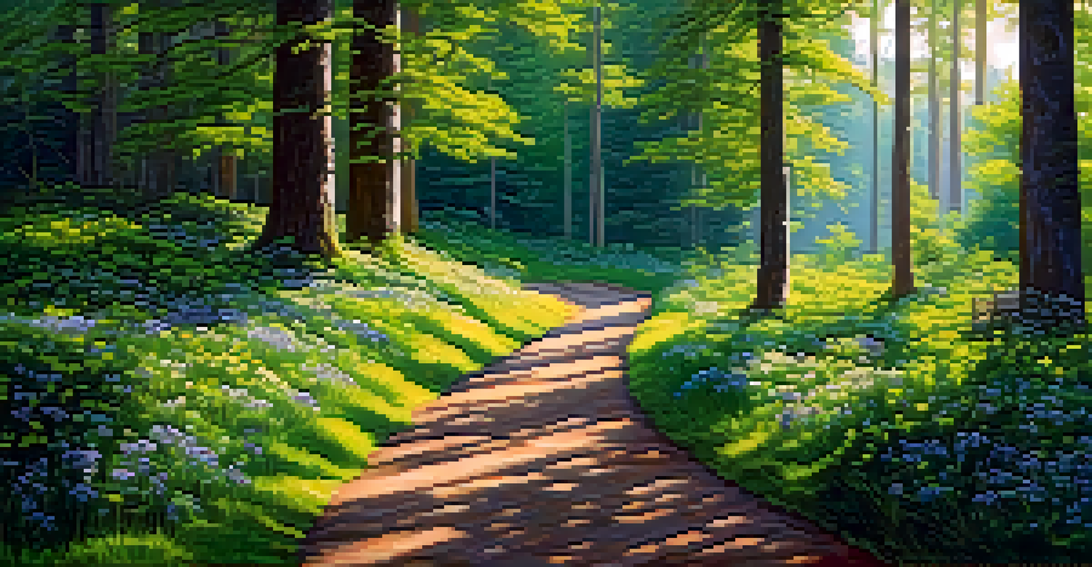 A winding forest path with sunlight and wildflowers, leading to a picnic setup.