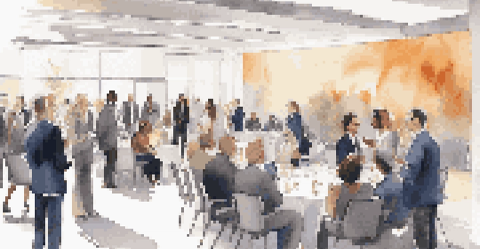 A diverse group of professionals networking in a modern conference hall, exchanging business cards under warm lighting.