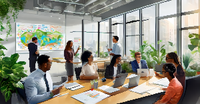 A diverse group of professionals in a modern office meeting, discussing ideas around a conference table with a whiteboard in the background.