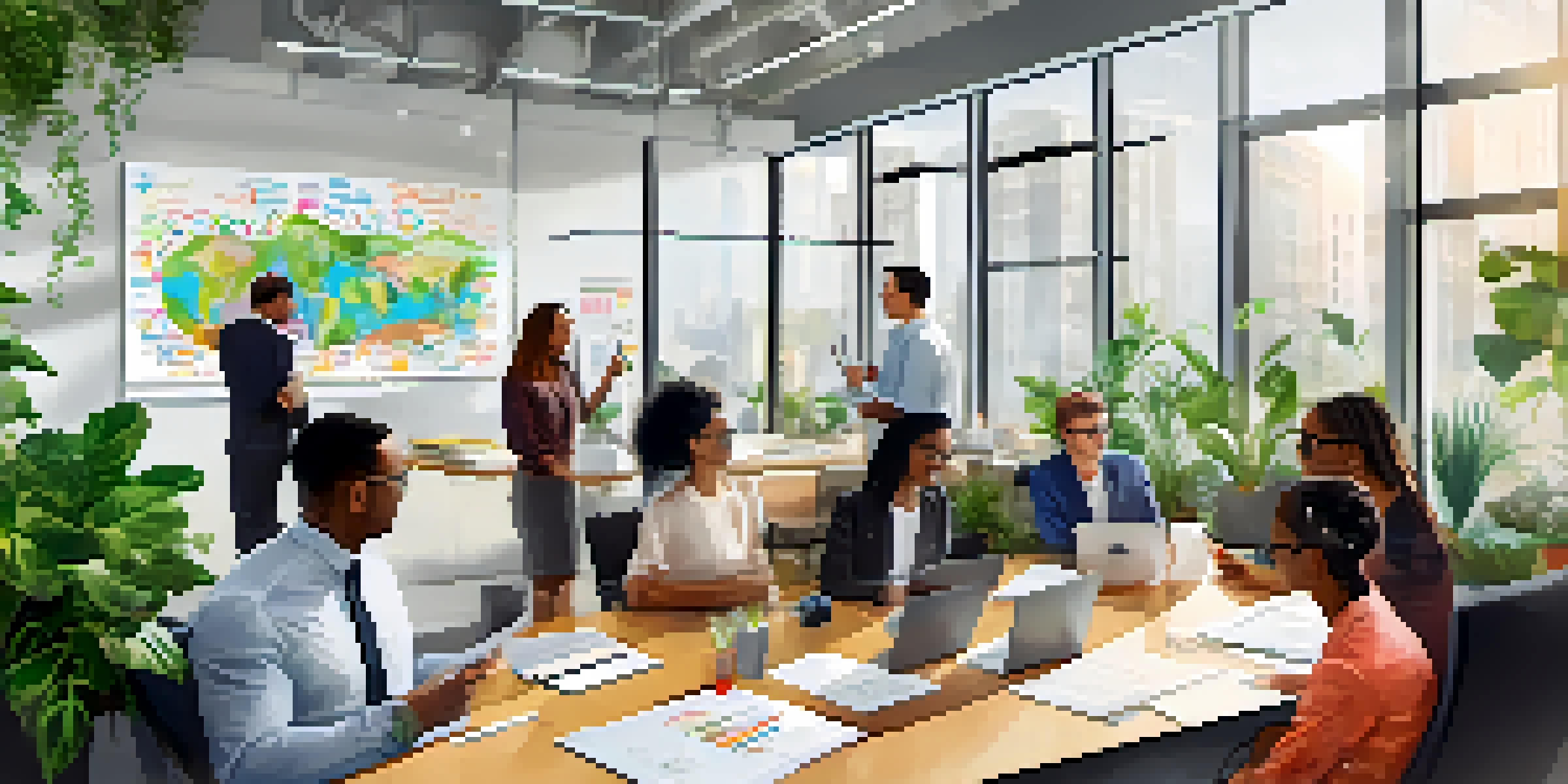 A diverse group of professionals in a modern office meeting, discussing ideas around a conference table with a whiteboard in the background.