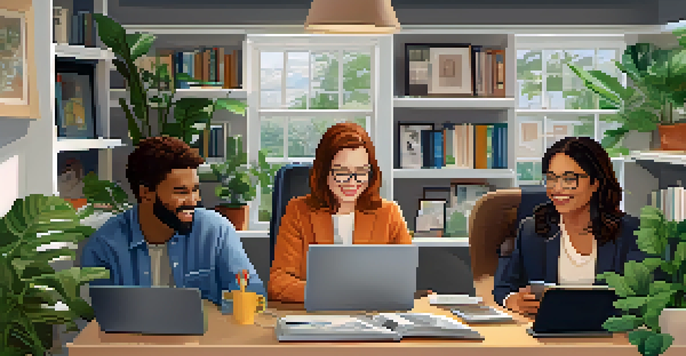 A virtual networking meeting with diverse professionals attentively listening and engaging with each other on video call screens, set against a cozy home office background.