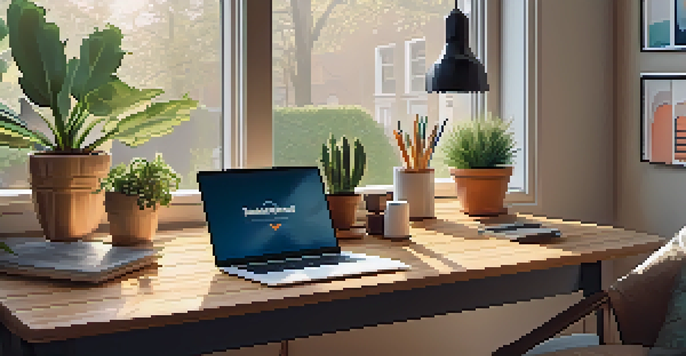 A warm and inviting remote work desk with a laptop, coffee, and plants, illuminated by sunlight.