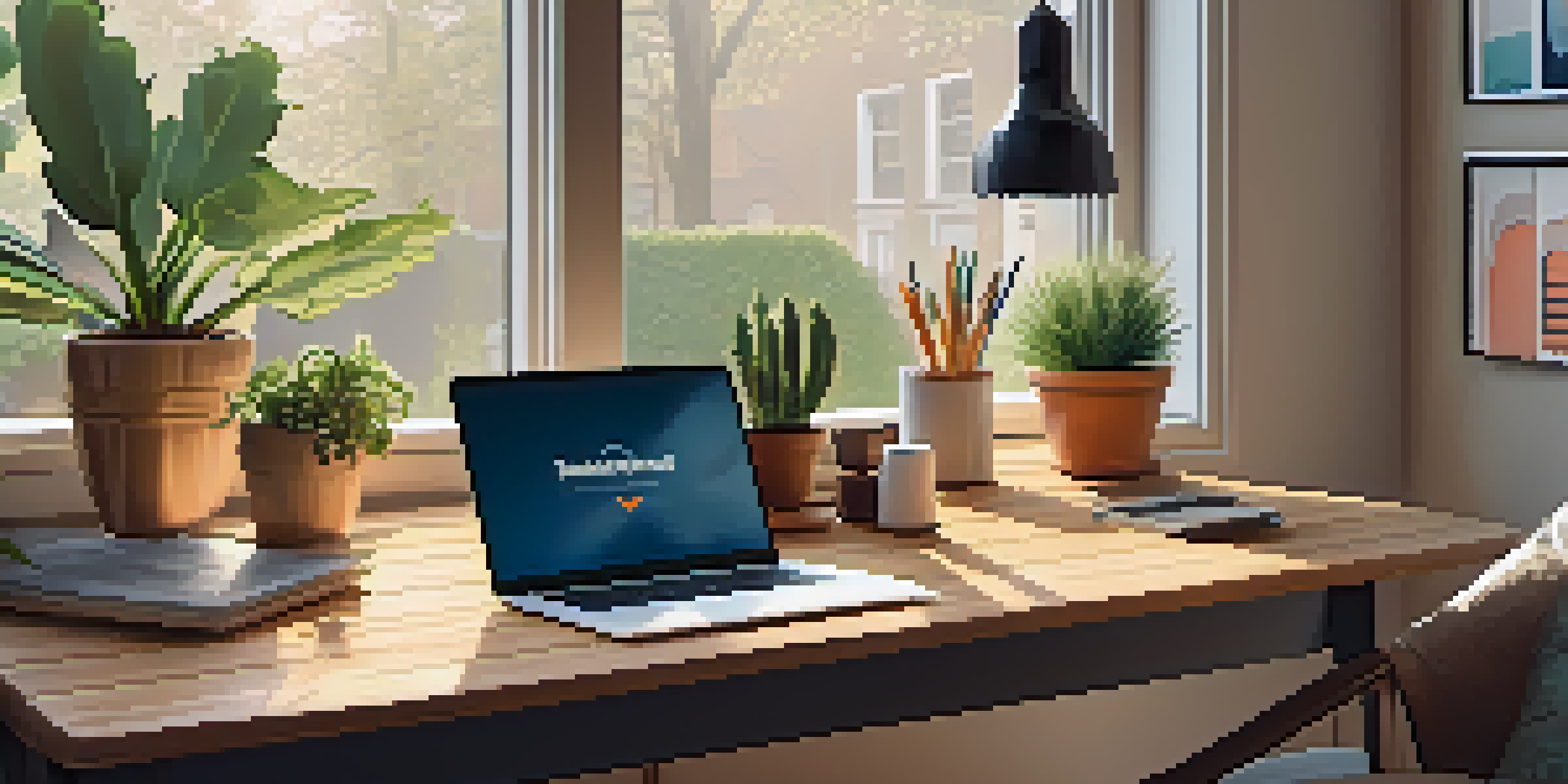 A warm and inviting remote work desk with a laptop, coffee, and plants, illuminated by sunlight.