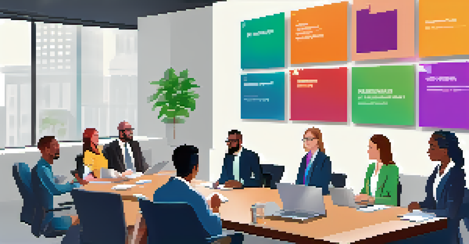 A diverse group of professionals discussing around a conference table with laptops and a presentation on employment benefits.