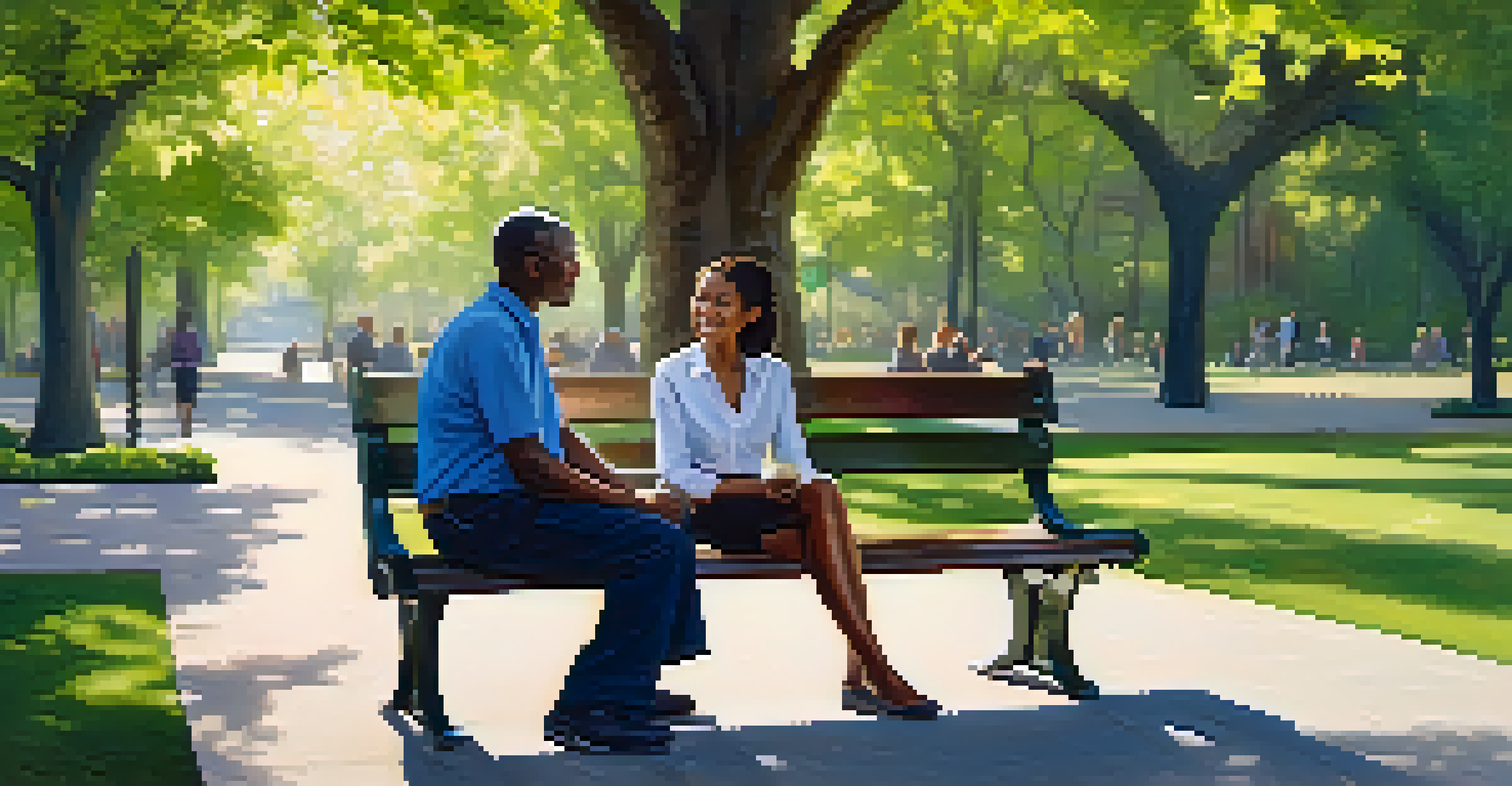 A senior professional mentoring a younger woman on a park bench in a sunny park, surrounded by trees.