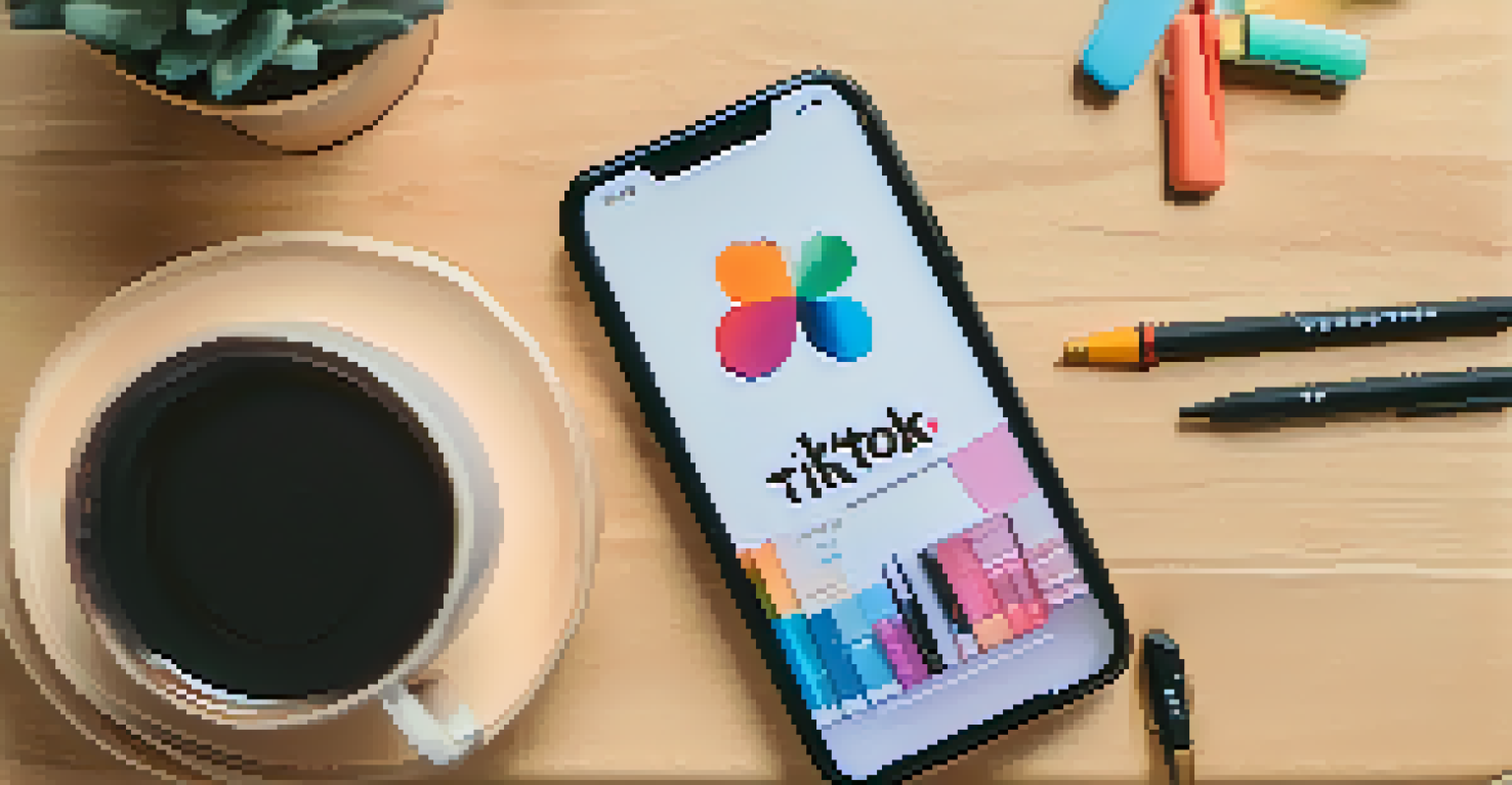 Flat lay of a smartphone showing the TikTok app, surrounded by stationery and a cup of coffee on a wooden desk.