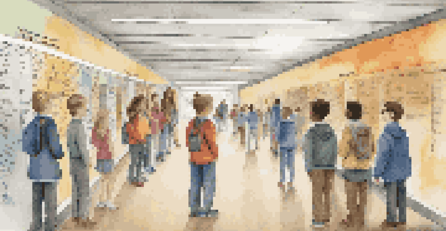 A colorful educational poster of a historical timeline in a school hallway, with students showing interest.