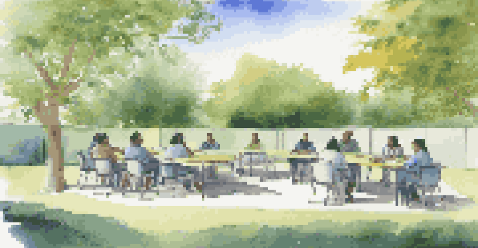 Employees role-playing in an outdoor training program, surrounded by trees and a clear sky.
