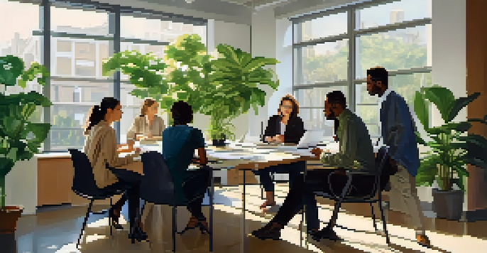 A diverse group of professionals engaged in a lively discussion in a bright, plant-filled office environment.