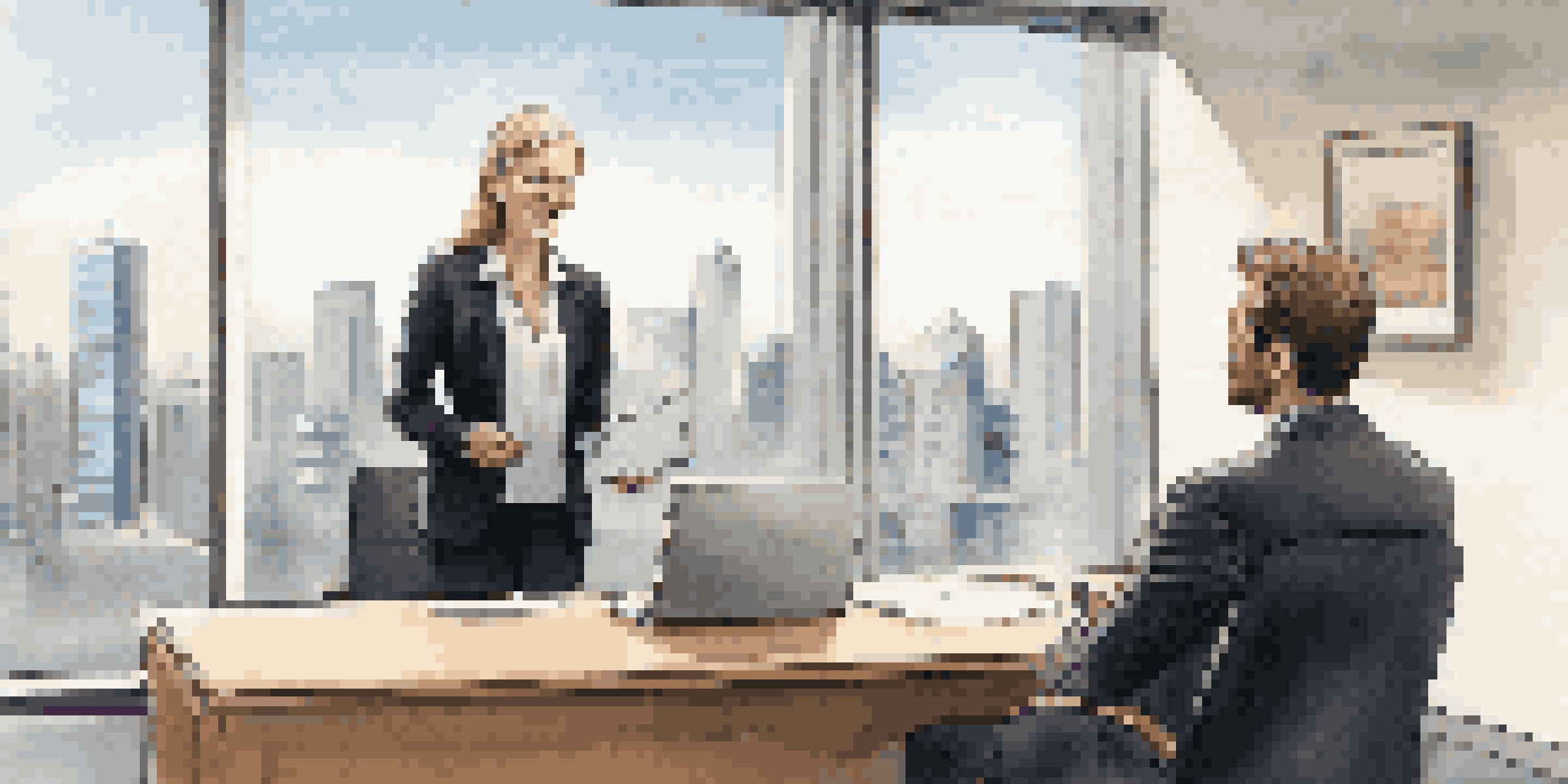 A modern office setting with a woman interviewing a young man, both smiling and engaged in conversation.