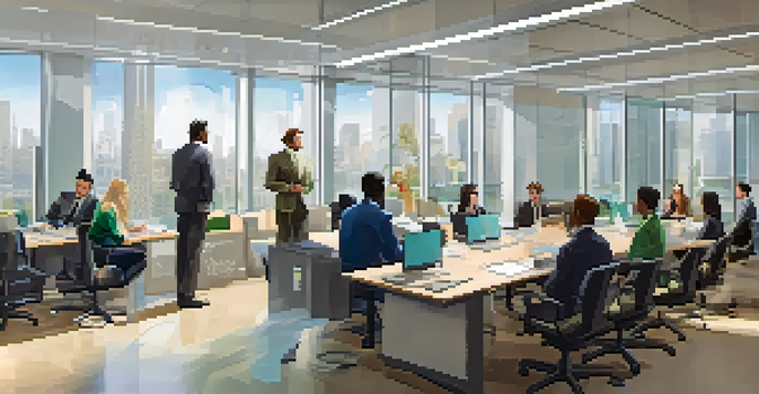 A modern office setting with employees participating in a safety training session, surrounded by safety manuals and posters.