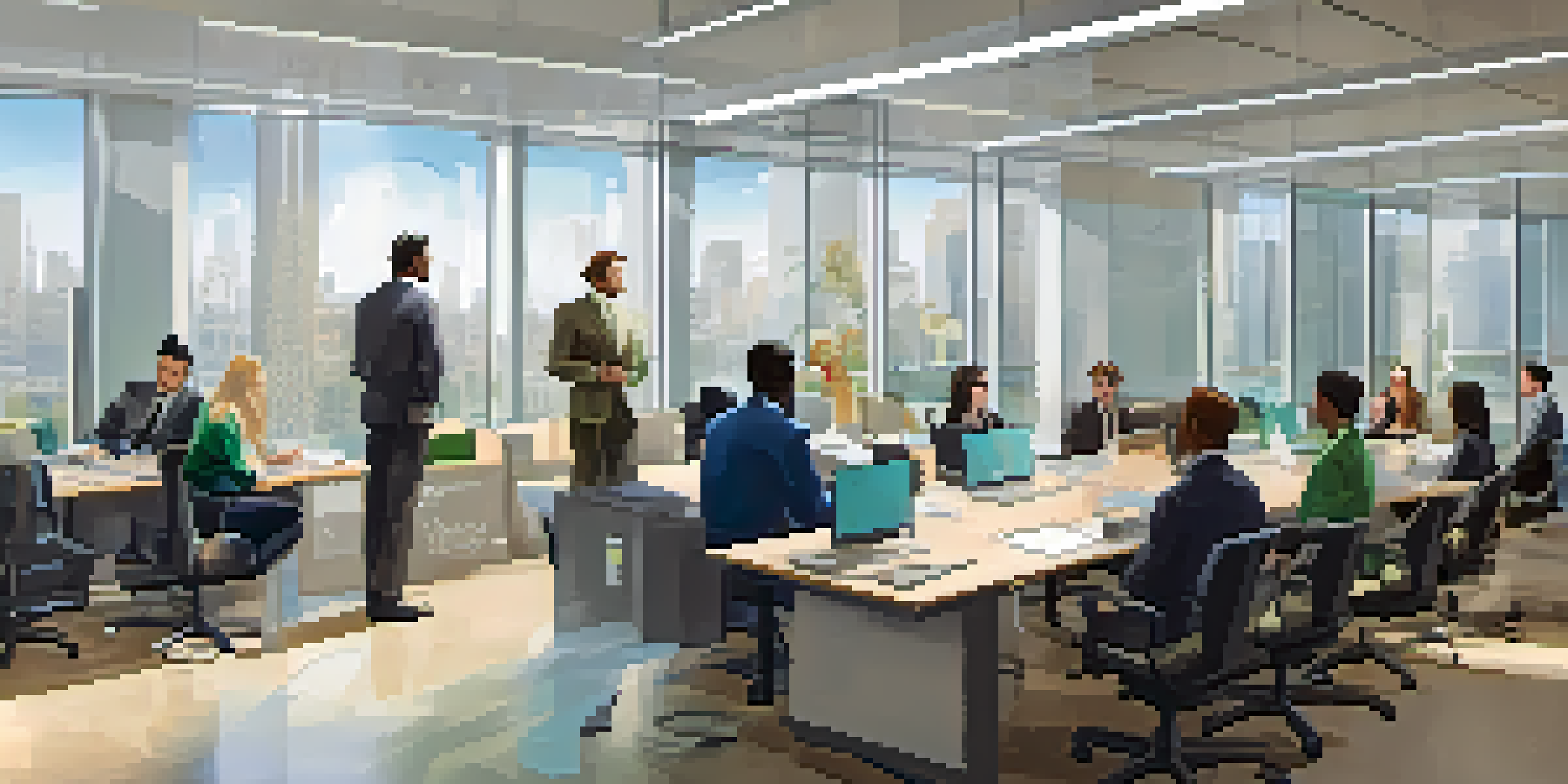 A modern office setting with employees participating in a safety training session, surrounded by safety manuals and posters.