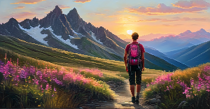 A hiker on a mountain trail during sunset, surrounded by wildflowers and golden light.